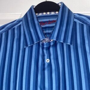 Robert Graham Blue & Navy Stripe Men Dress Shirt Sz L 16.5 Dapper Business